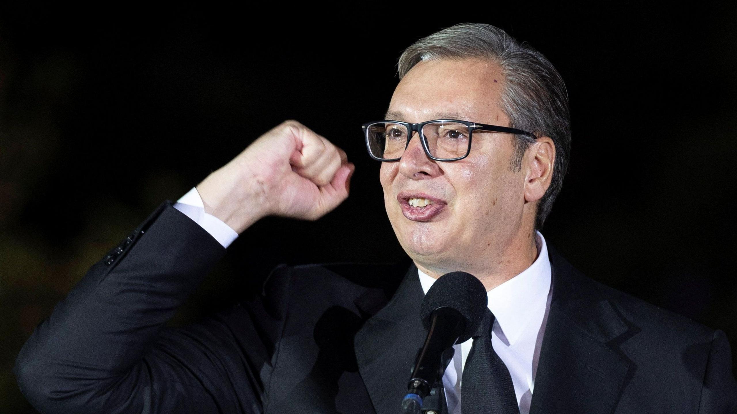 Aleksandar Vucic berpidato mengumumkan pengunduran diri sebagai Presiden Serbia di Beograd