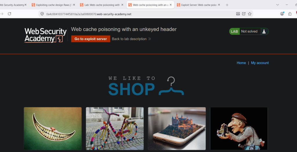 Tampilan antarmuka pengujian kerentanan web cache poisoning dengan unkeyed header pada laboratorium keamanan siber