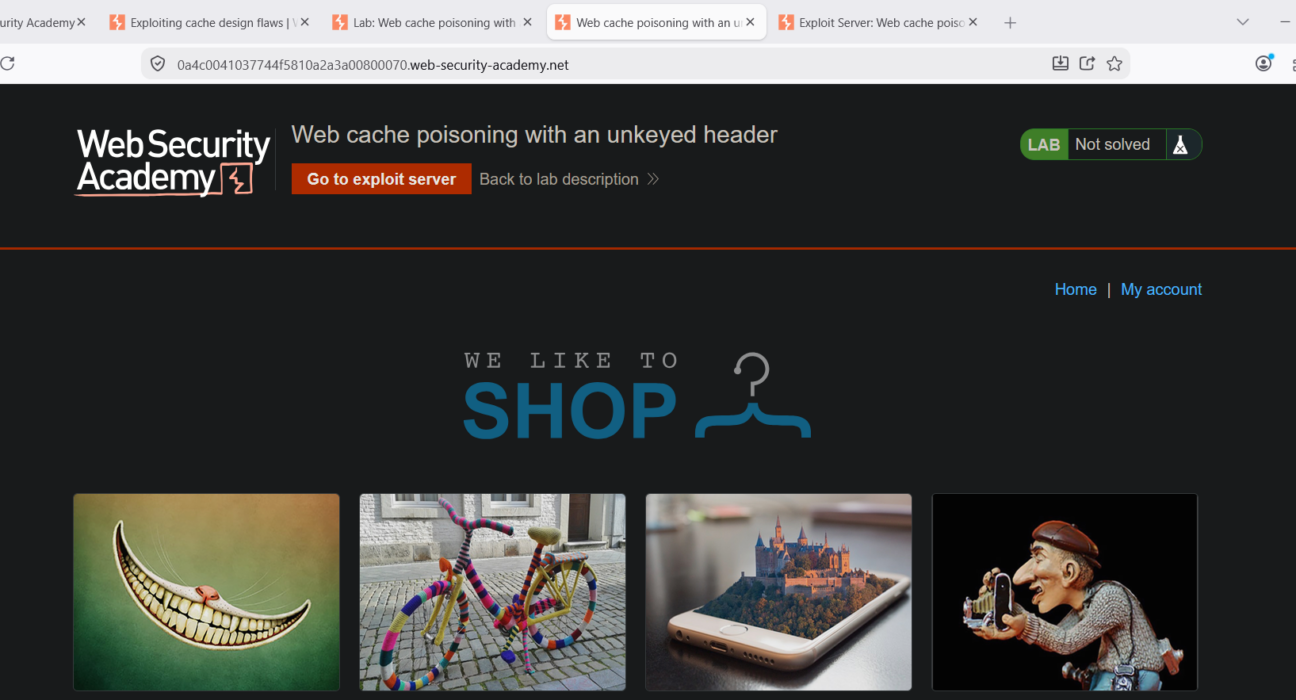 Tampilan antarmuka pengujian kerentanan web cache poisoning dengan unkeyed header pada laboratorium keamanan siber