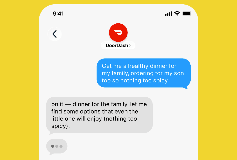 Tangkapan layar antarmuka pemesanan makanan berbasis pesan teks AI Agent DoorDash melalui Apple Messages