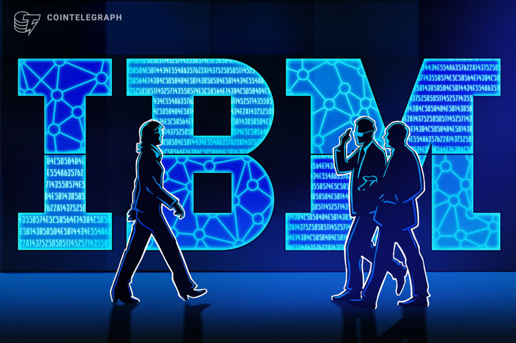 Sistem mainframe komputer IBM dengan logo blockchain modern