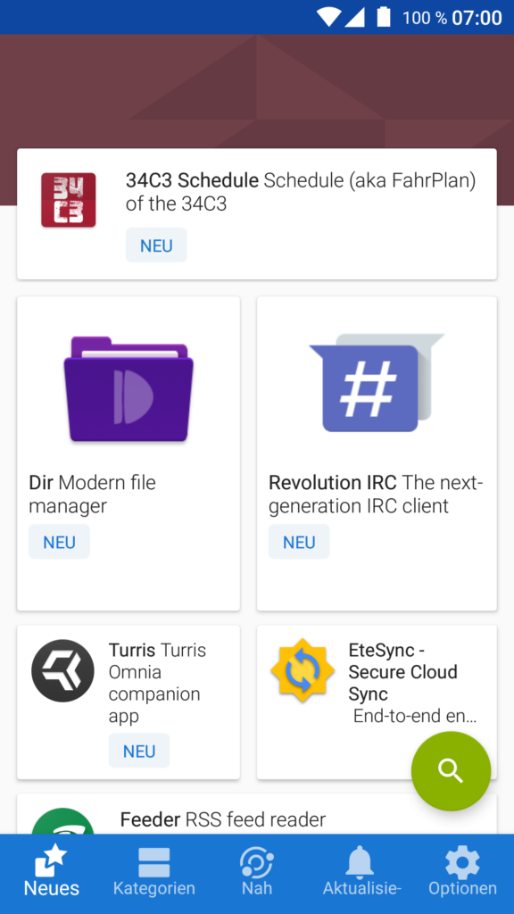Tampilan antarmuka repositori aplikasi sumber terbuka F-Droid pada sistem operasi Android