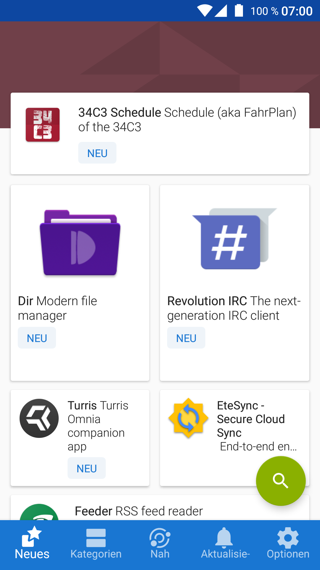 Tampilan antarmuka repositori aplikasi sumber terbuka F-Droid pada sistem operasi Android
