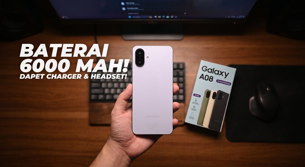 Samsung Galaxy A08 unboxing menampilkan ponsel warna lavender dengan kotak penjualan resmi bertuliskan baterai 6000 mAh