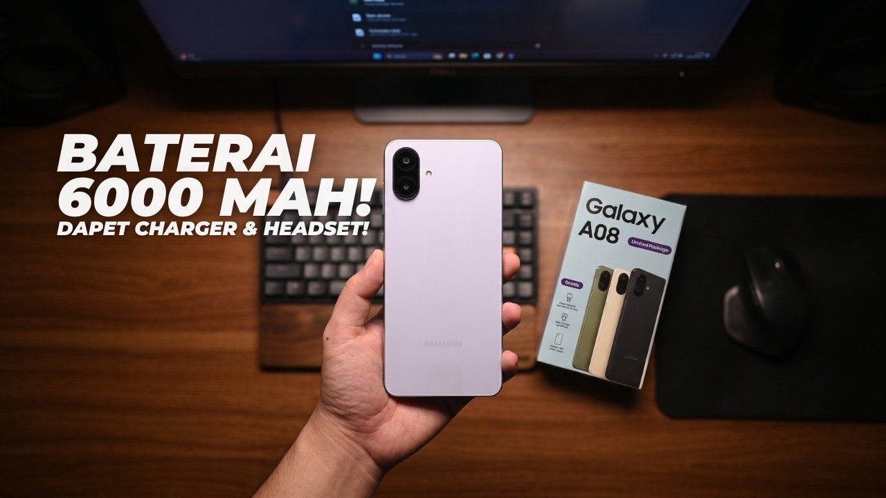 Samsung Galaxy A08 unboxing menampilkan ponsel warna lavender dengan kotak penjualan resmi bertuliskan baterai 6000 mAh