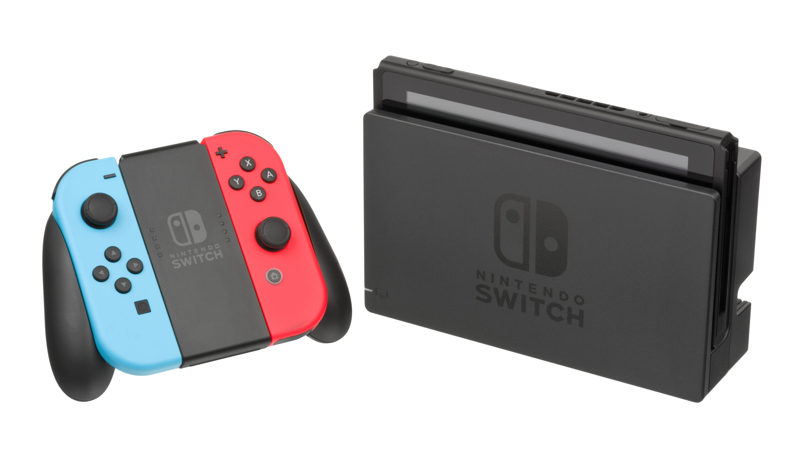 Konsol Nintendo Switch terpasang pada docking station dengan kontroler Joy-Con merah dan biru