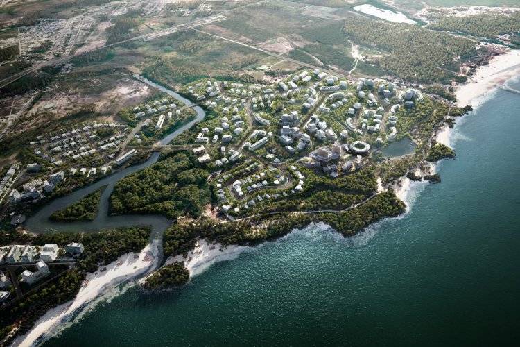 Masterplan arsitektur kawasan kota cerdas dan hunian berbasis AI di pesisir Colonia del Sacramento Uruguay