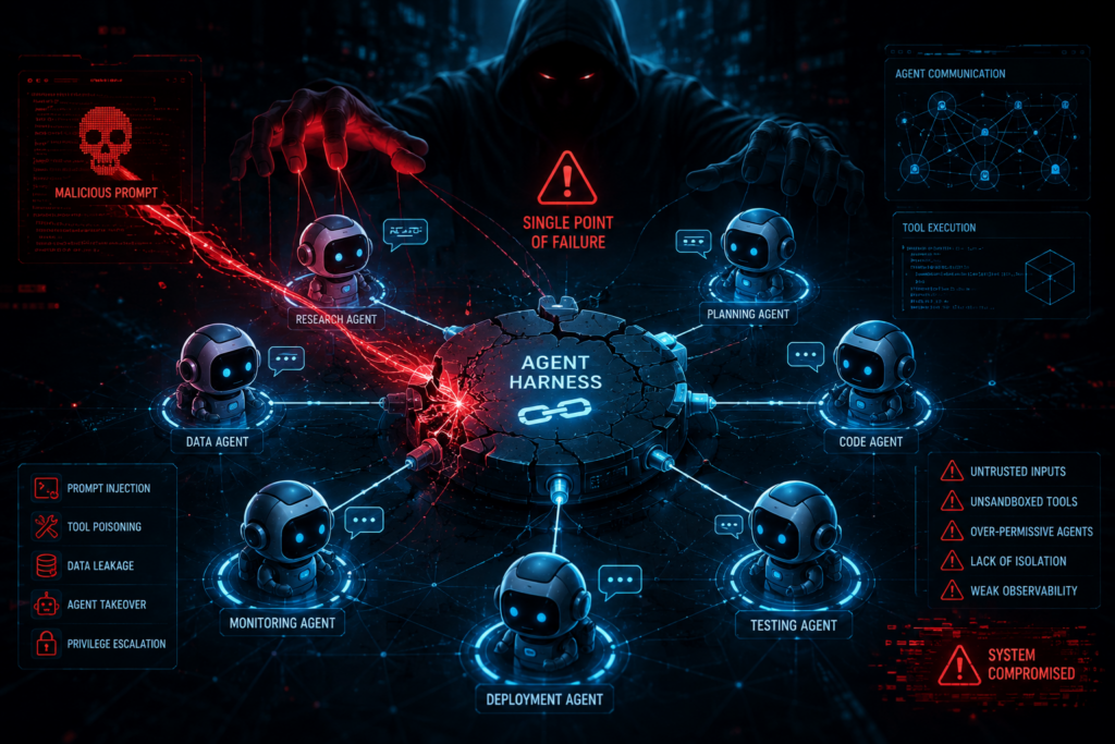Ilustrasi arsitektur keamanan multi-agent harness pada sistem AI agent swarm