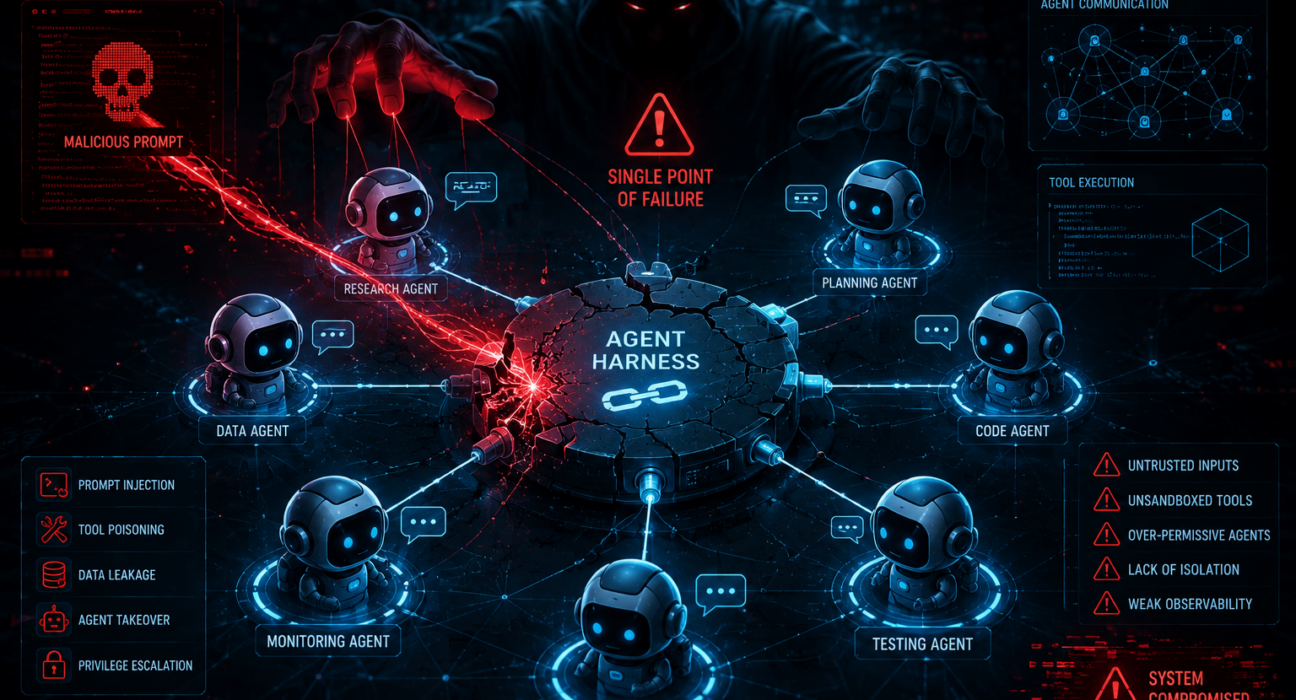 Ilustrasi arsitektur keamanan multi-agent harness pada sistem AI agent swarm