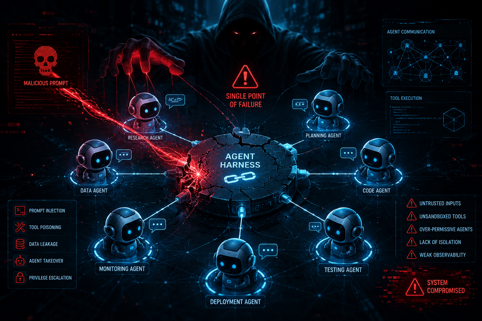 Ilustrasi arsitektur keamanan multi-agent harness pada sistem AI agent swarm