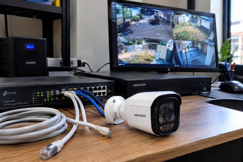 Uji coba perangkat kamera IP CCTV, switch PoE, dan NVR pemantau pada meja kerja teknisi