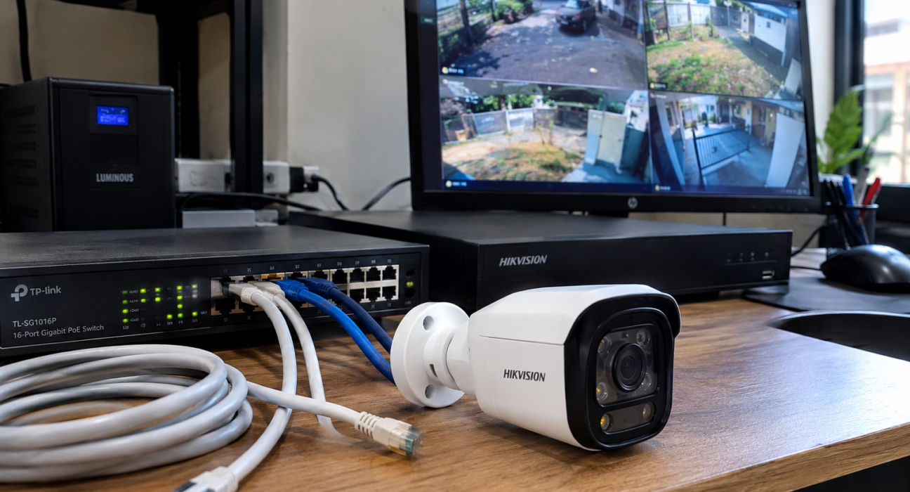 Uji coba perangkat kamera IP CCTV, switch PoE, dan NVR pemantau pada meja kerja teknisi