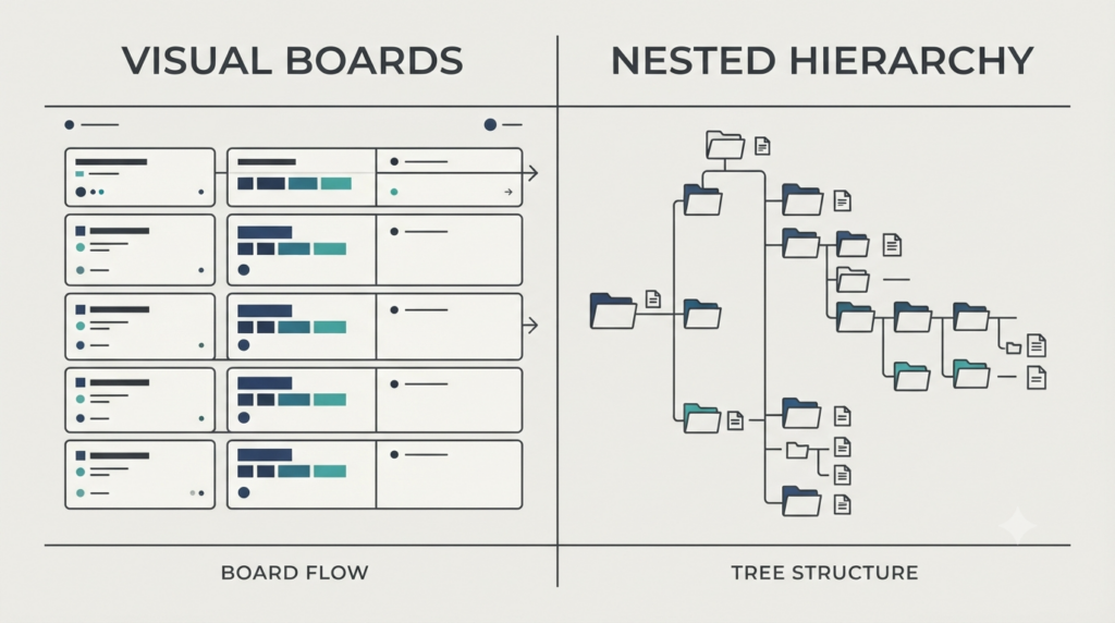 Infografis perbandingan arsitektur visual board monday.com dan struktur hierarki bertingkat ClickUp