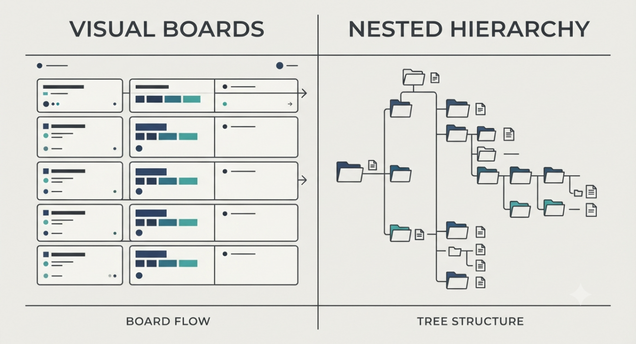 Infografis perbandingan arsitektur visual board monday.com dan struktur hierarki bertingkat ClickUp
