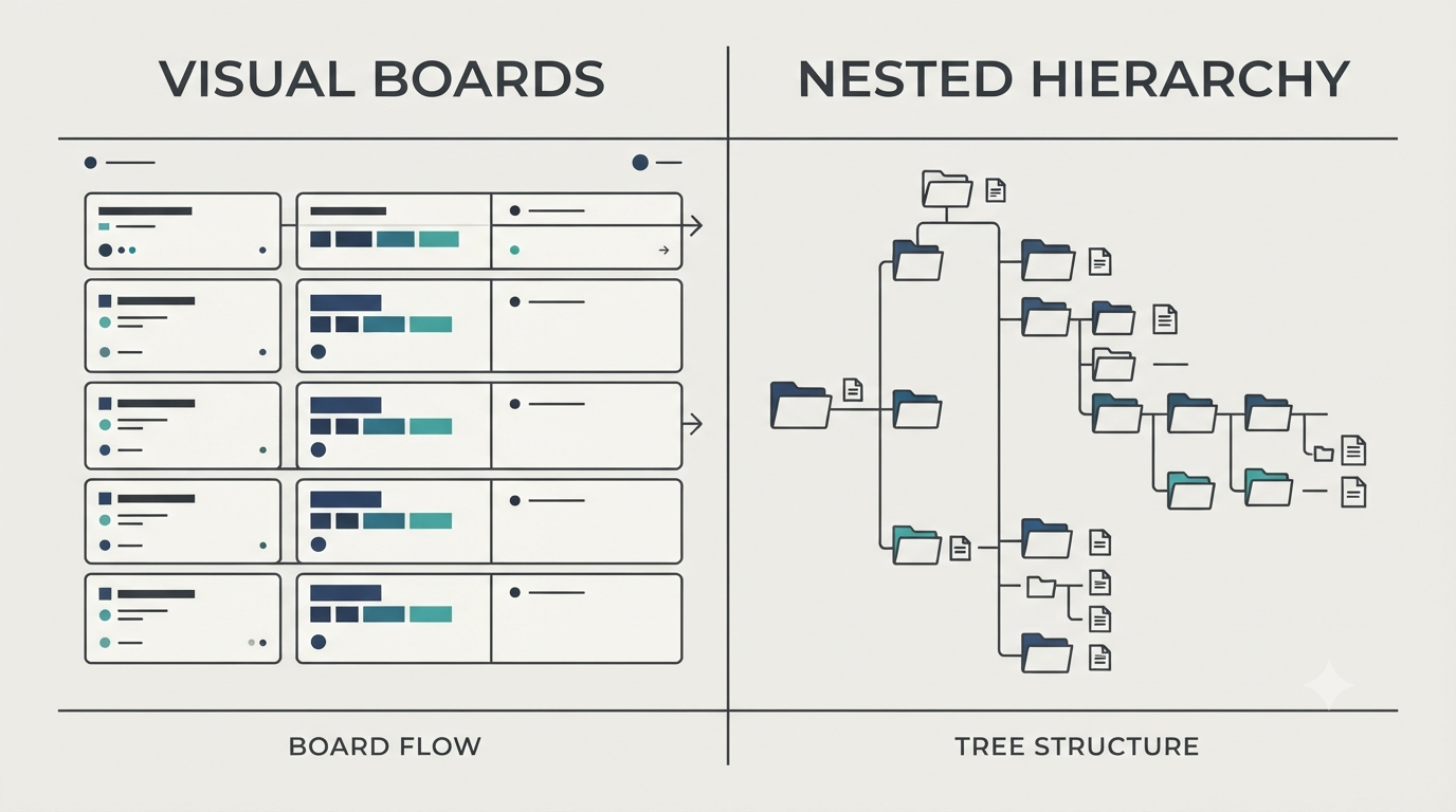 Infografis perbandingan arsitektur visual board monday.com dan struktur hierarki bertingkat ClickUp