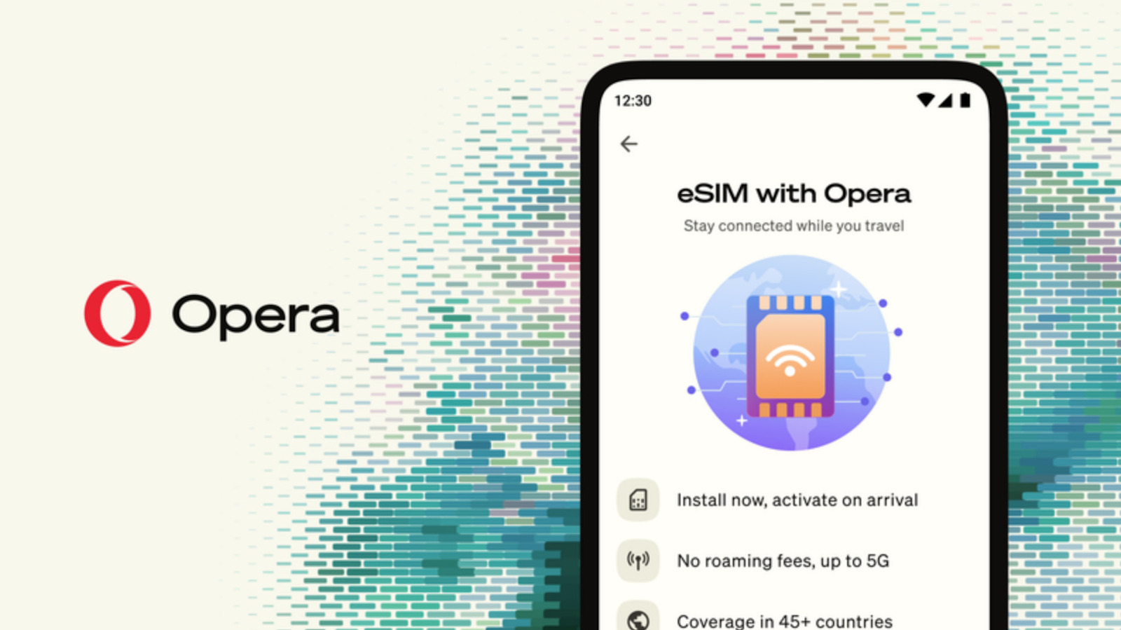 Antarmuka peramban Opera Android yang kini terintegrasi dengan fitur eSIM dan paket roaming data 5G global.