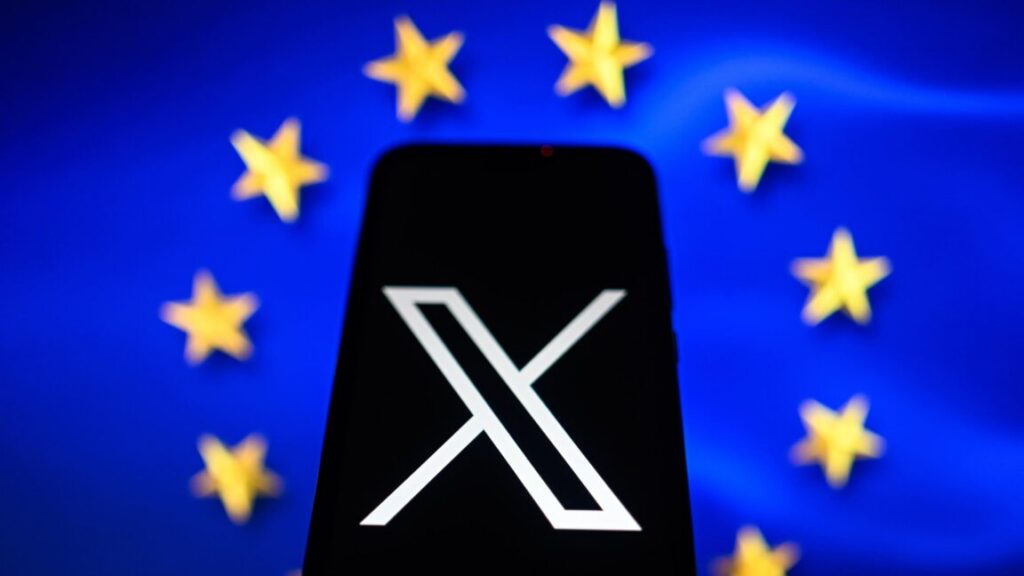 Logo X dan Bendera Uni Eropa simbol perselisihan regulasi digital transatlantik