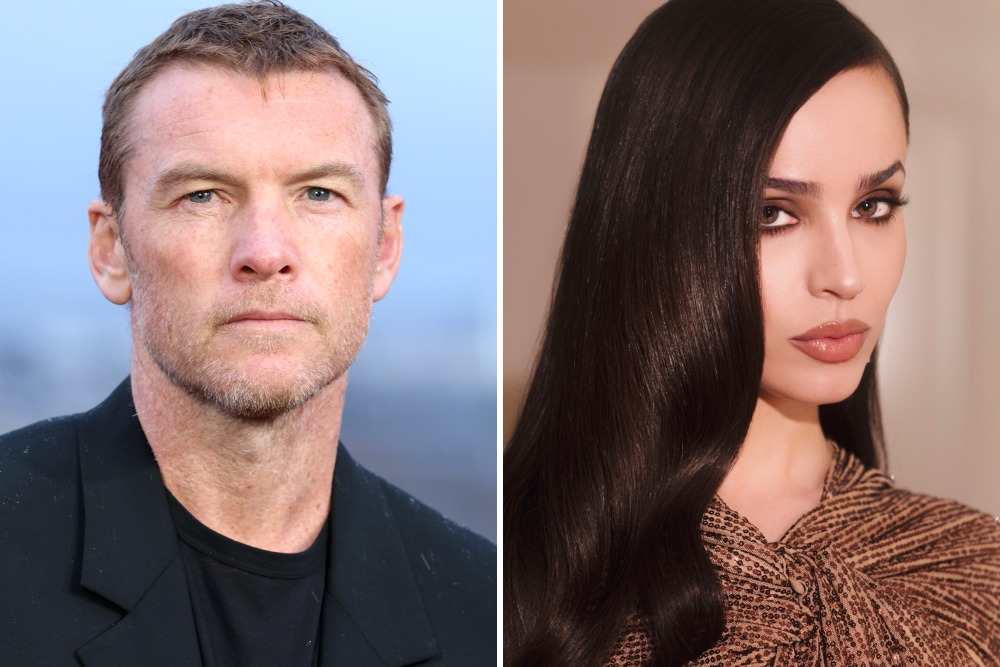 Portrait wajah sang sepasang pemeran artis berbakat Sofia Carson bersebelahan aktor legendaris watak laga kawakan Sam Worthington bertema monokrom sinematik promosi