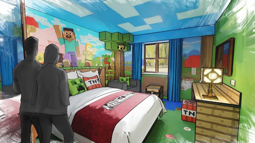 Konsep visual Hotel Minecraft resmi dan wahana rollercoaster Escape the Nether di Chessington World of Adventures Resort