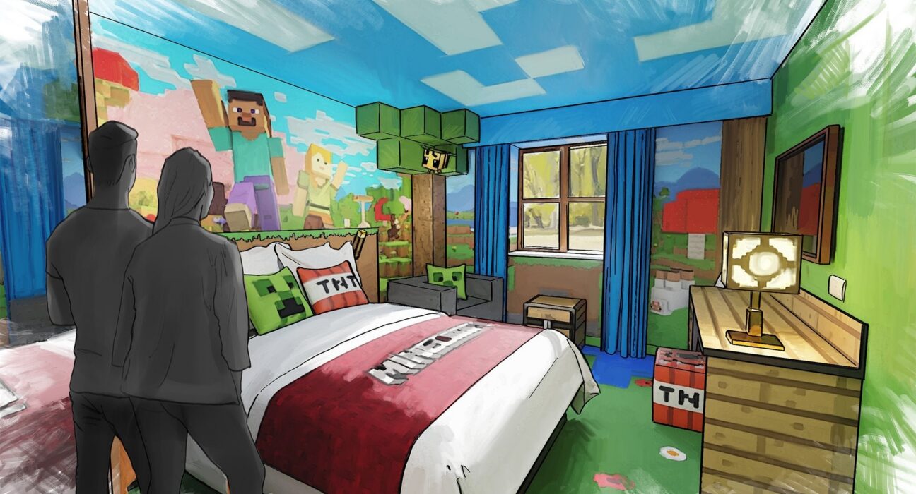 Konsep visual Hotel Minecraft resmi dan wahana rollercoaster Escape the Nether di Chessington World of Adventures Resort