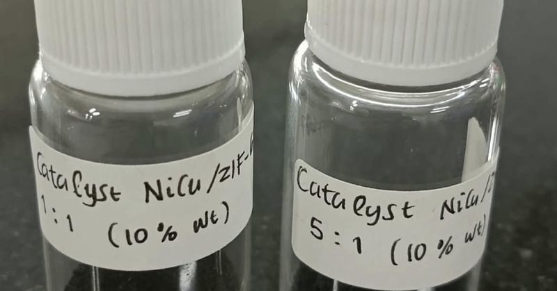 Sampel material katalis bimetalik MOF ZIF-67 hasil riset konversi limbah sawit PFAD menjadi bioavtur oleh mahasiswa Universitas Prasetiya Mulya dan BRIN