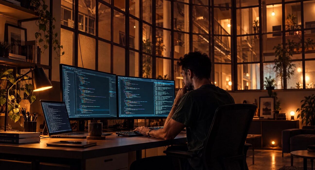 Ilustrasi software engineer bekerja malam hari menganalisis kode program di monitor