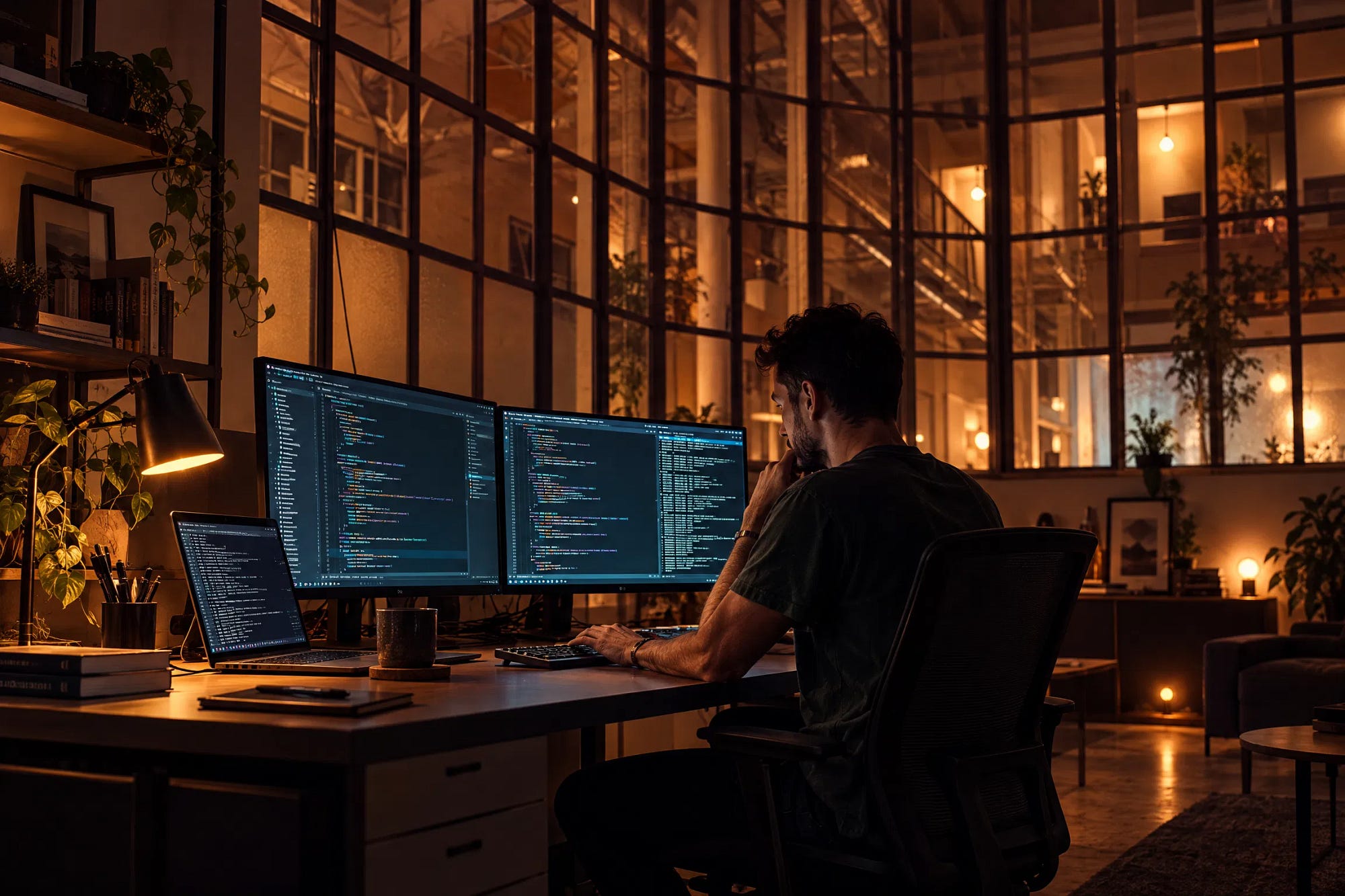 Ilustrasi software engineer bekerja malam hari menganalisis kode program di monitor