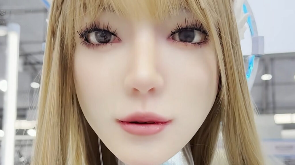 Robot humanoid bionik Yansyn-X2 buatan Yanxi Technology saat mendemonstrasikan ekspresi menangis dengan sistem mikrofluidik air mata
