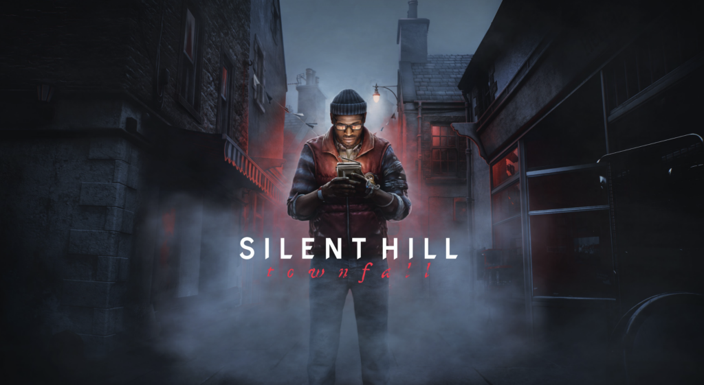 Tangkapan layar karakter tengah memantau sebuah pesawat CRTV genggam di lorong yang usang namun detail dalam game Silent Hill Townfall