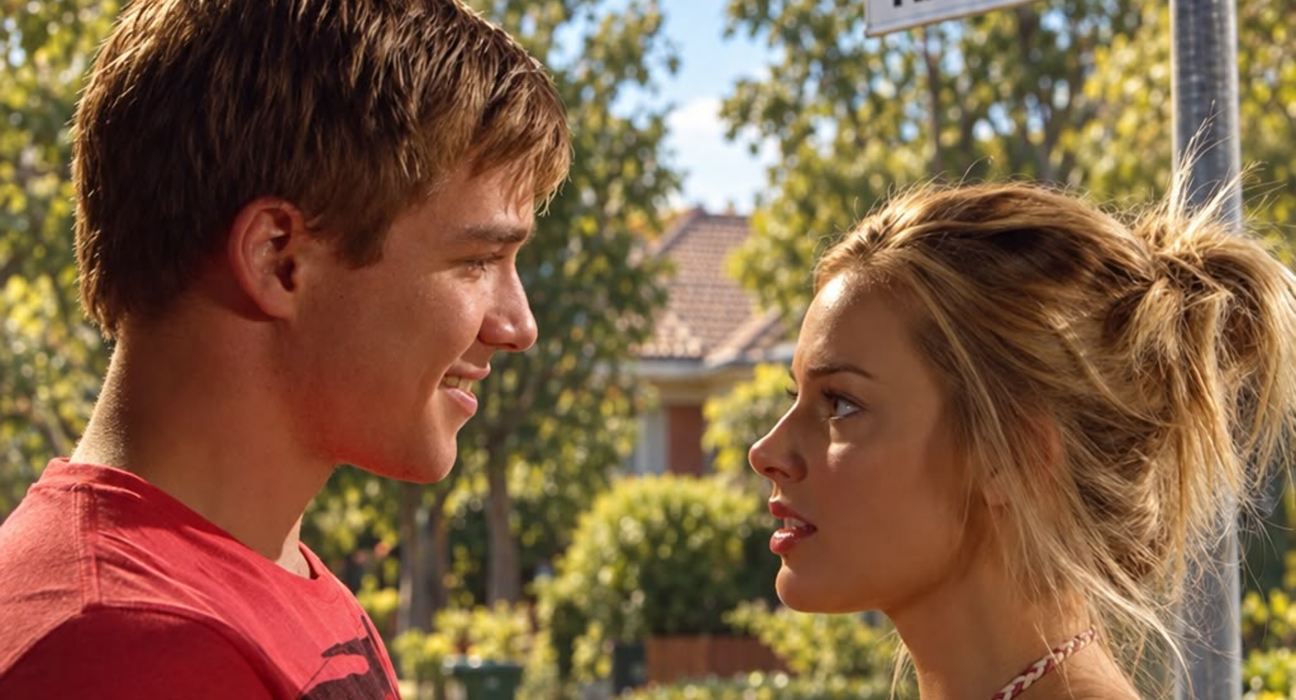 Poster resmi peluncuran serial mikro Neighbours menampilkan Margot Robbie di platform Epis