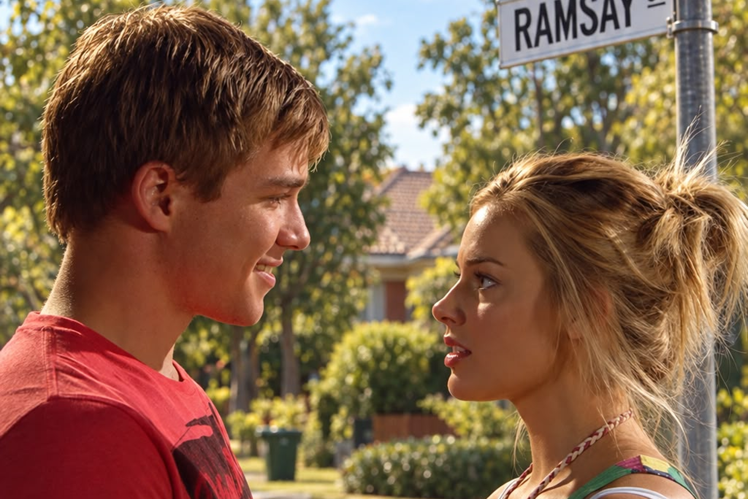 Poster resmi peluncuran serial mikro Neighbours menampilkan Margot Robbie di platform Epis