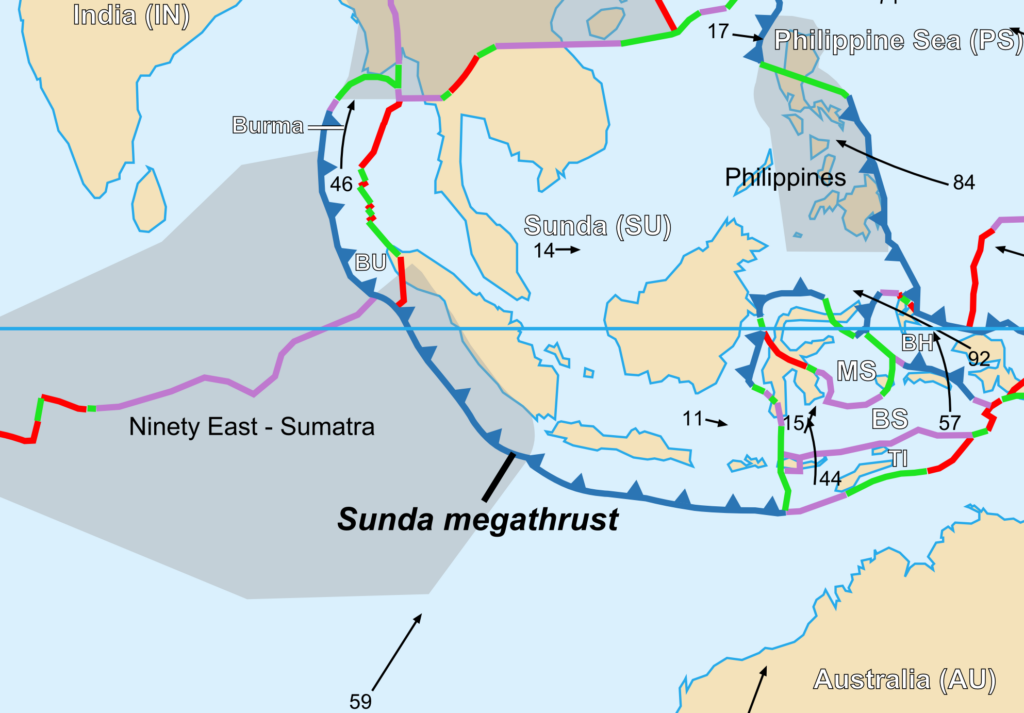 Peta tatanan tektonik lempeng bumi dan zona Sunda Megathrust di kepulauan Indonesia