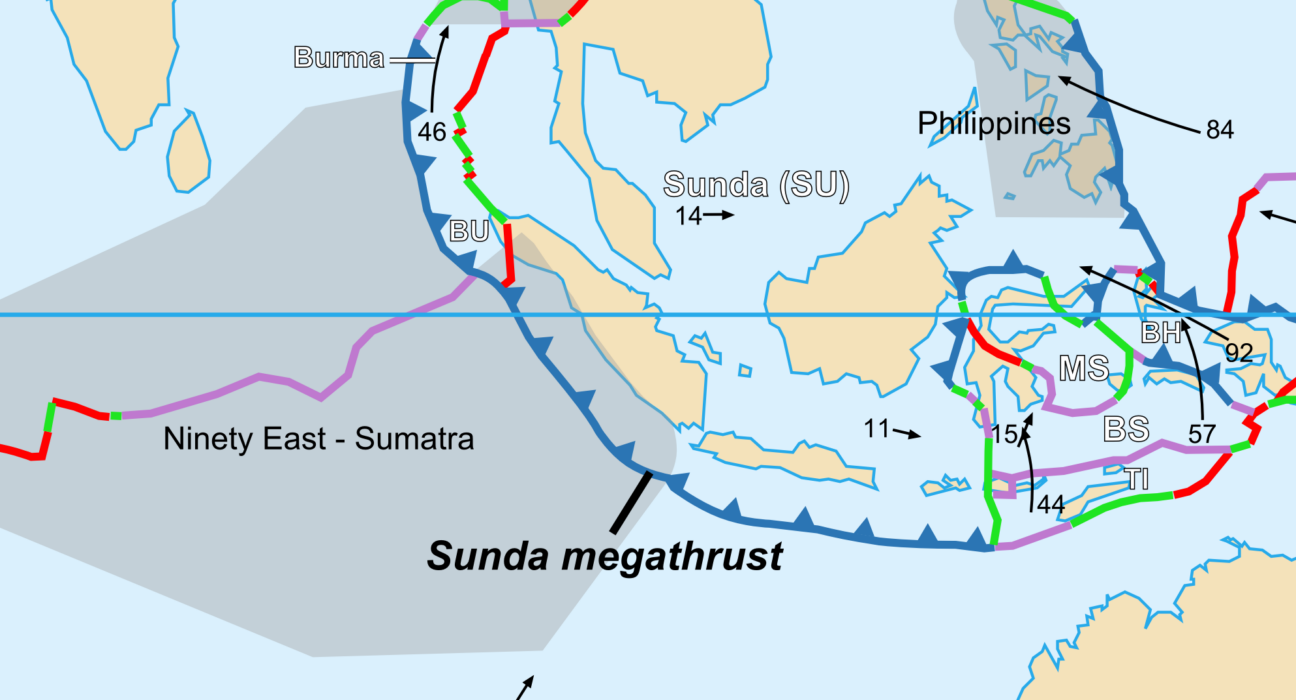 Peta tatanan tektonik lempeng bumi dan zona Sunda Megathrust di kepulauan Indonesia