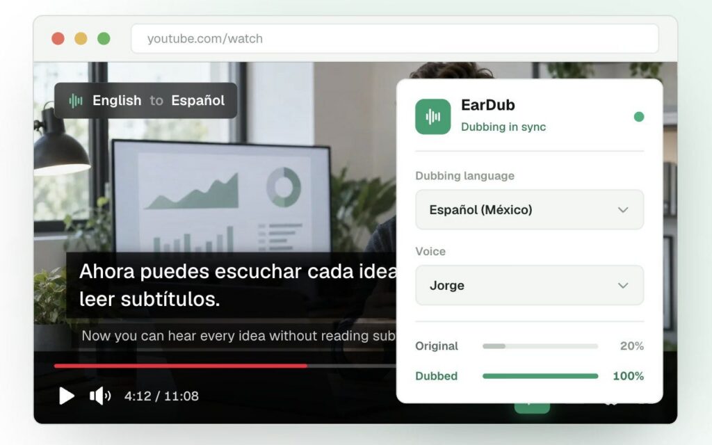 Antarmuka pemutar video YouTube yang menampilkan menu pengaturan audio track dan terjemahan bahasa