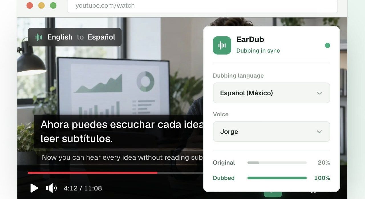 Antarmuka pemutar video YouTube yang menampilkan menu pengaturan audio track dan terjemahan bahasa
