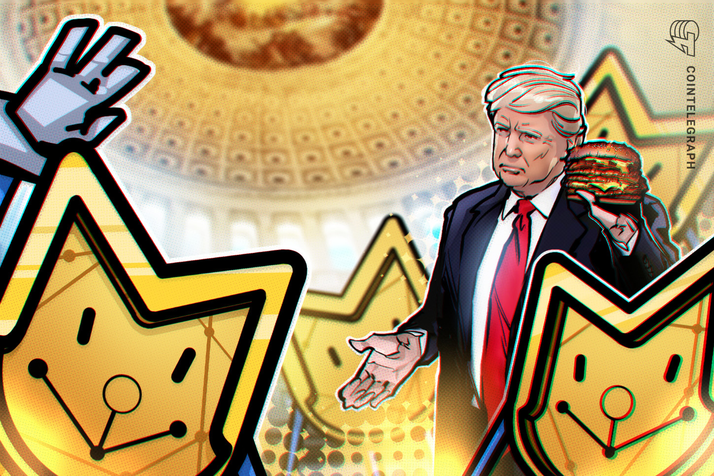 Donald Trump dan ilustrasi memecoin cryptocurrency