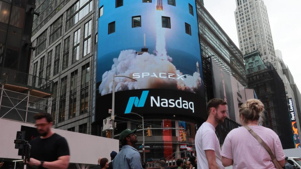 Ilustrasi bursa saham Wall Street terintegrasi dengan teknologi blockchain onchain