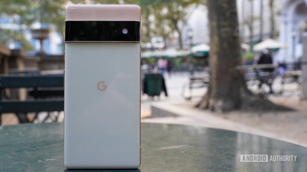 Google Pixel 6 Pro dengan desain kamera horizontal ikonik diletakkan di luar ruangan