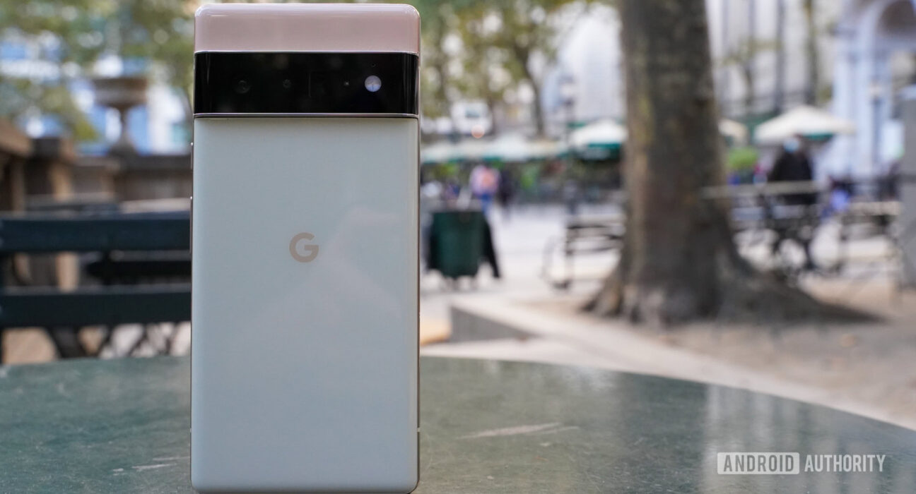 Google Pixel 6 Pro dengan desain kamera horizontal ikonik diletakkan di luar ruangan