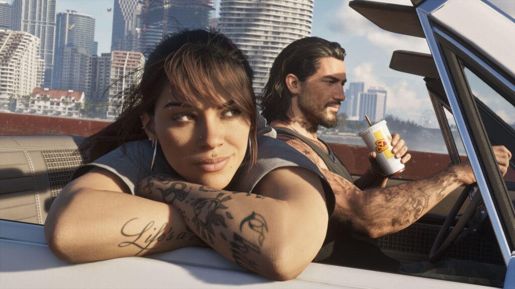 Visual grafis Jason dan Lucia dalam dunia terbuka Grand Theft Auto 6