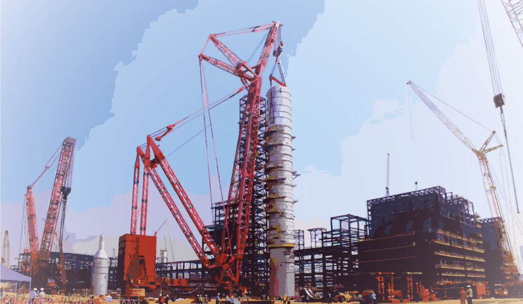 Kolom distilasi minyak mentah fasilitas kilang migas raksasa Dangote Petroleum Refinery di Lekki, Lagos, Nigeria.