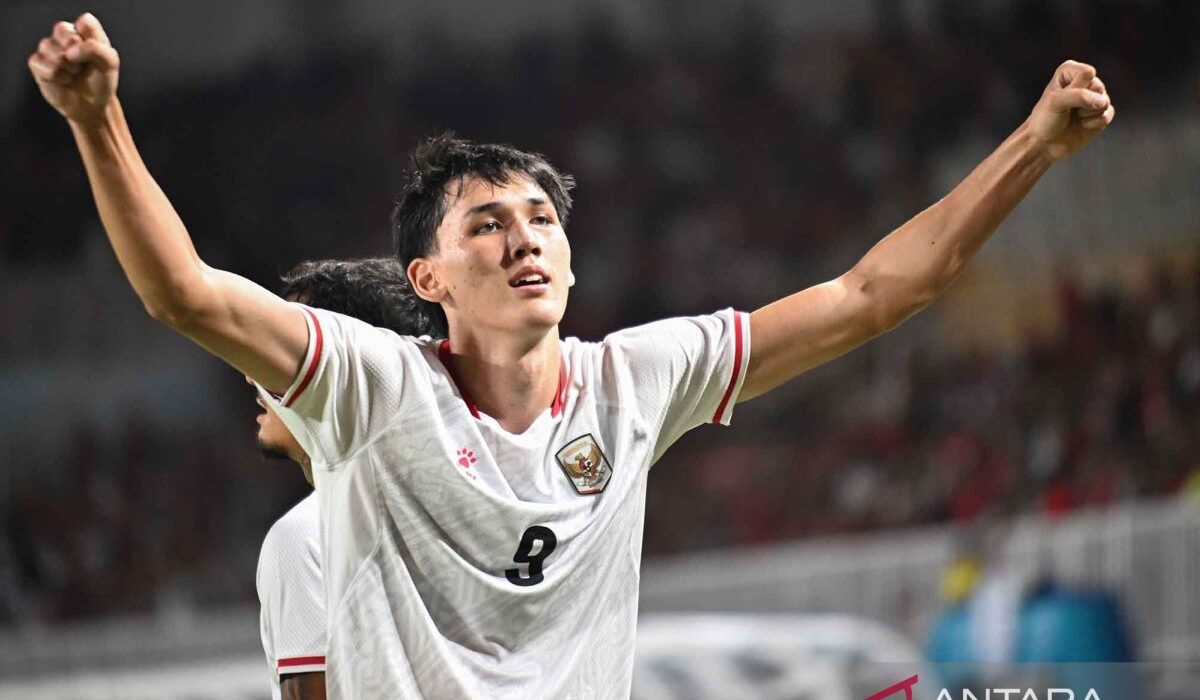 Selebrasi penyerang Timnas Indonesia Mitchell Baker usai mencetak gol di ajang kompetisi regional ASEAN Cup 2026