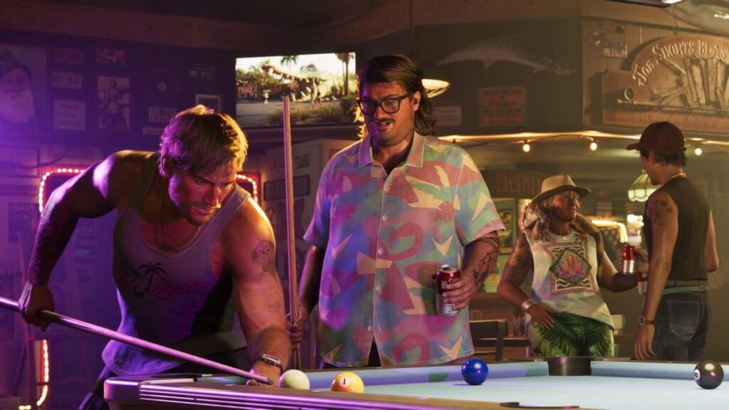 Screenshot visual eksplorasi dunia terbuka Vice City dalam Grand Theft Auto VI karya Rockstar Games